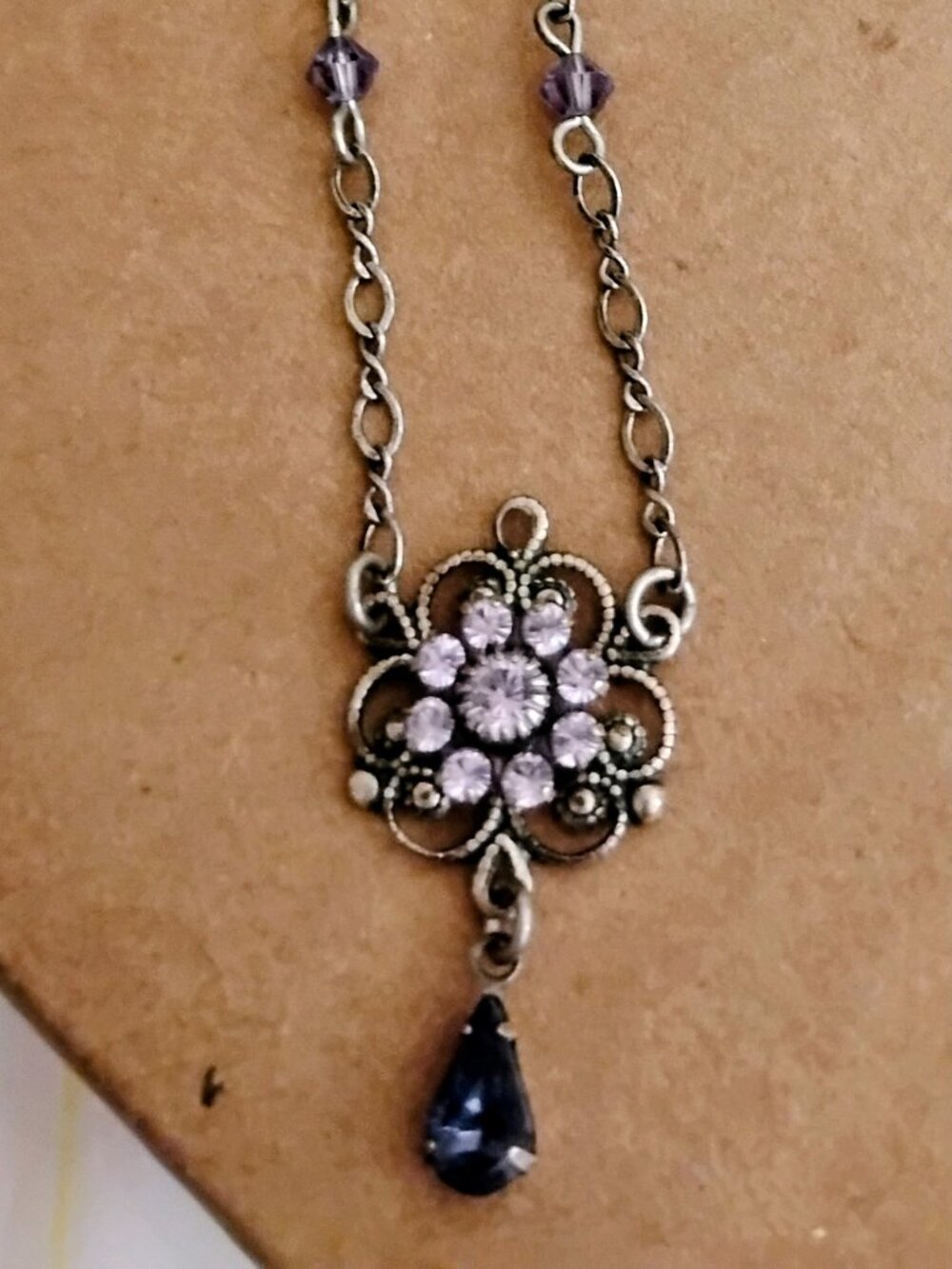 Liz Palacios Antique Silver Lavender Flower teardrop necklace, 16 inches.